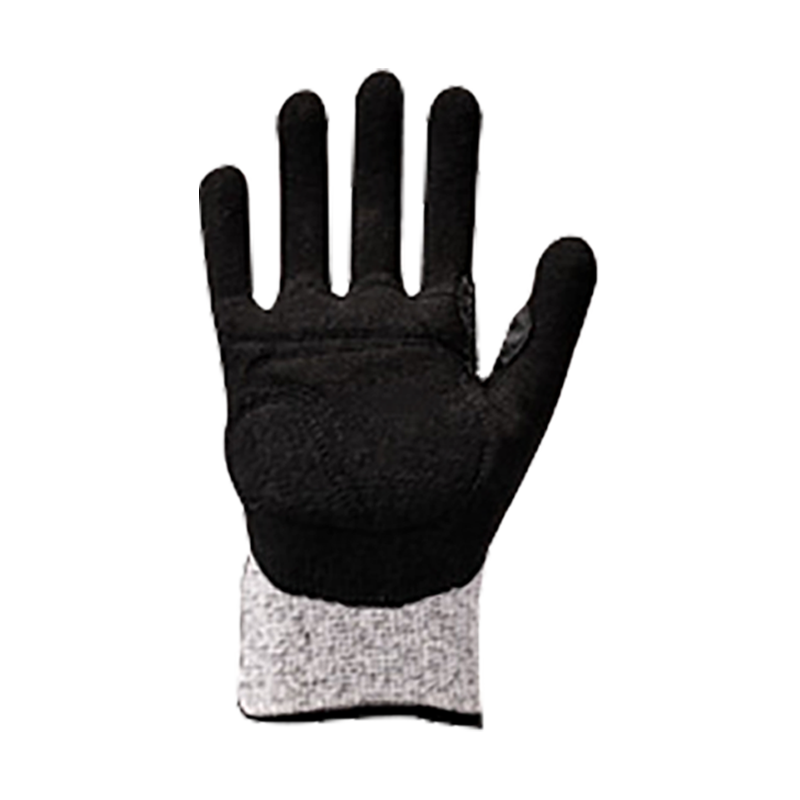 13G HPPE/glasfiberfoder med sandig nitrilbeläggning，sömnad av PVC på baksidan och EVA på handflatan, förstärkning vid tumgrenen