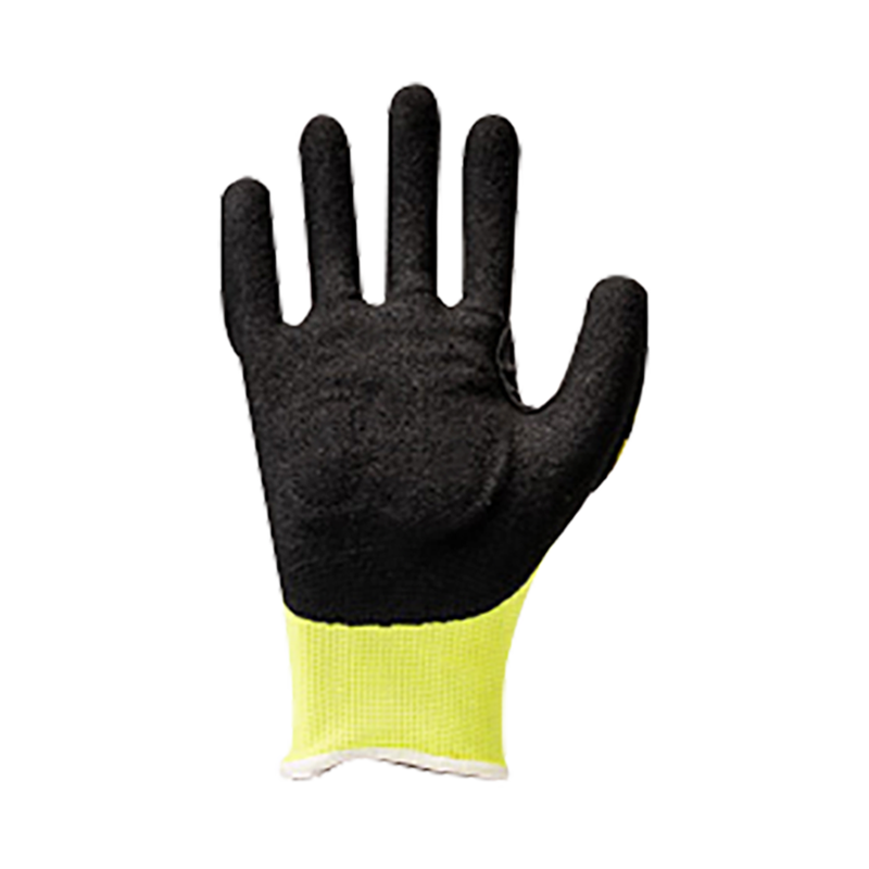 13G HPPE/glasfiberfoder med sandig nitrilbeläggning，sömnad av PVC på baksidan och EVA på handflatan, förstärkning vid tumgrenen