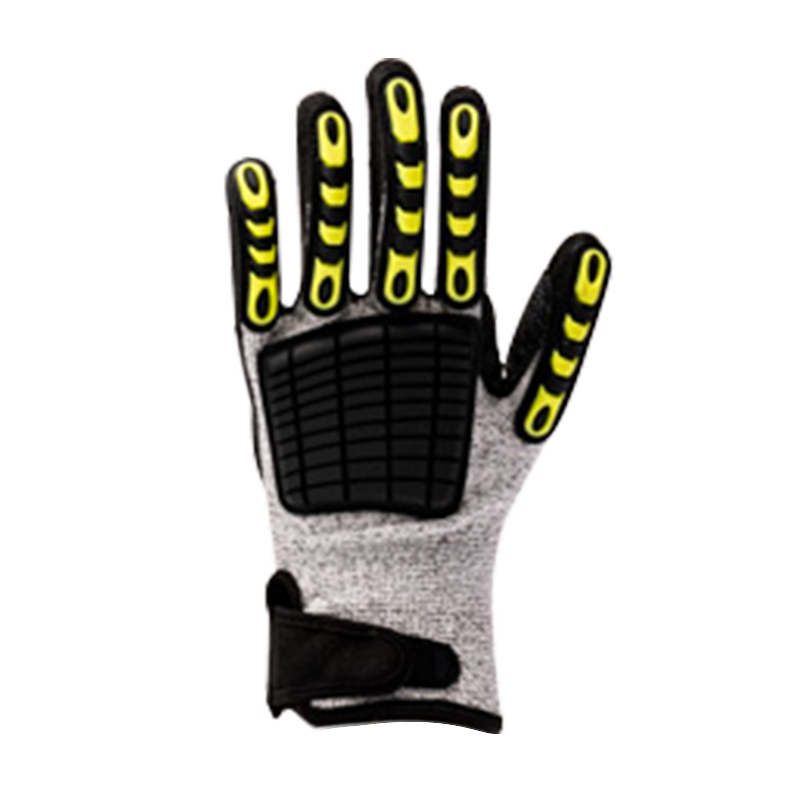 13G HPPE/glasfiberfoder med sandig nitrilbeläggning，sömnad av PVC på baksidan och EVA på handflatan, förstärkning vid tumgrenen