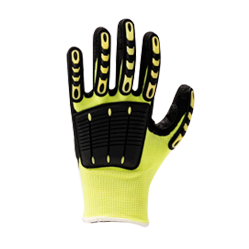 13G HPPE/glasfiberfoder med sandig nitrilbeläggning，sömnad av PVC på baksidan och EVA på handflatan, förstärkning vid tumgrenen